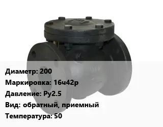 Клапан чугунный 200 16ч42р Ру2.5 обратный, приемный 50